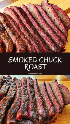 grilled steaks on a cutting board with the words pellet grill chuck roast