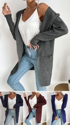 Buy 3 Get 15%off! 10Colors Minimalist Long Knit Hooded Cardigan Fall Outfits for Women Gray Cardigan For Fall, Gray Solid Color Cardigan For Fall