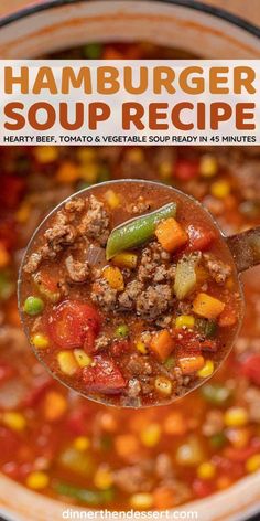 a spoon full of hamburger soup in a bowl with the title overlay above it