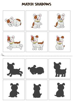 the shadow matching worksheet for children to learn how to draw and paint dogs