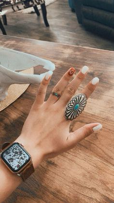 Koe Wetzel Concert Nails, Subtle Western Nails, Simple Aztec Nail Designs, White And Turquoise Nails Western, Tan Western Nails, Western Nails Brown, Simple Western Fall Nails