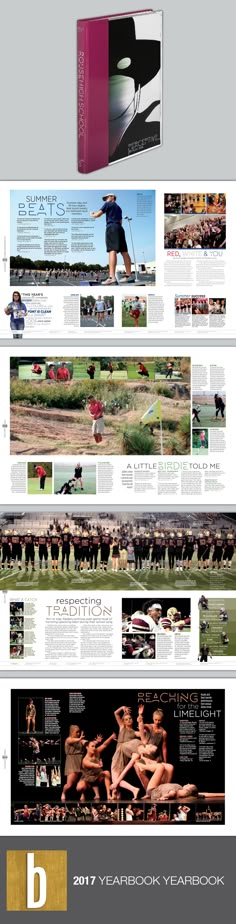 the front and back pages of a magazine with images of people in different positions on it