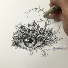 a drawing of an eye in the middle of some leaves and branches with a house on it