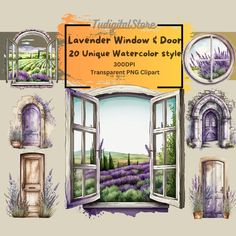 an open window with lavender flowers on it and the words lavender window's door