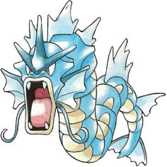 a drawing of a blue dragon with its mouth open