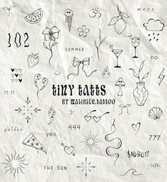 the cover art for tiny tats by magic tattoo, featuring various tattoos on paper