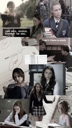 the collage shows girls in school uniforms with books and papers on their desks