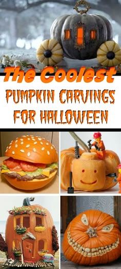 the coolest pumpkin carvings for halloween are featured in this collage with images of pumpkins, jack - o'- lantern and other decorations