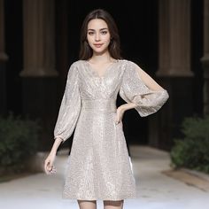 Olivia Mark - Champagne Evening Dress with Formal and Cocktail Options Champagne Short Dress, Short Champagne Dress, Champagne Evening Dress, Deep V Neck Dress, Coctail Dresses, Wedding Dress Styles, Waist Circumference, Olivia Mark, V Neck Dress