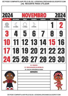 the spanish calendar for november is shown in red and black, with an image of two children