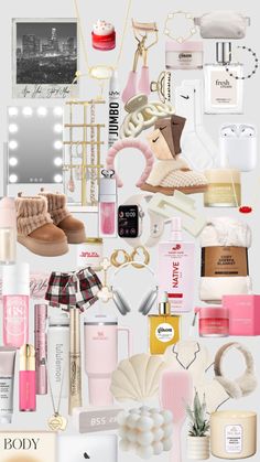 a collage of various items including shoes, perfumes and cosmetics