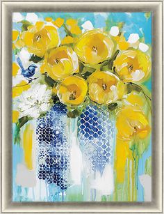 a painting of yellow flowers in a blue vase