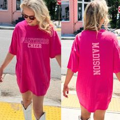 Need a custom cheer shirt? We got you covered. :)  These shirts are fully customizable! You can add any number and last name!  * PRODUCT DETAILS * ✺ 100% Cotton ✺ Wash and dry normally (on cool for best results) ✺ Designed and printed in the USA ✺ Due to different monitor screens, colors may vary ✺ * SIZING * ✺ FOR AN OVERSIZED FIT, SELECT TWO OR THREE SIZES UP FROM YOUR NORMAL SIZE ✺ ✺ Sizing is unisex ✺ Size guide: Please consult size chart in images * SHIPPING TIMES * ✺ Our items are individu Collegiate Short Sleeve Tops For College Events, Cheer Boyfriend Shirts, Customizable Sporty Short Sleeve Tops, Pink Tops Team Spirit Fan Gear, Customizable Short Sleeve Tops For Sports Fans, Pink Tops For Fan Gear With Team Spirit, Customizable School Spirit Tops For Sports Events, Fan Apparel Tops With Custom Print For College, Customizable Tops For Sports Events With School Spirit