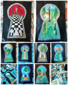 several pictures of different keyholes painted on paper