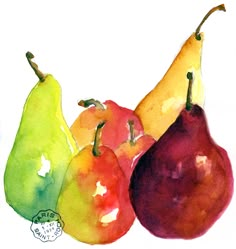 three pears, two apples and one pear painted in watercolor on white paper