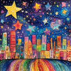 a painting of a city at night with stars in the sky and buildings painted on it