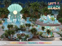 an artistic rendering of a beach resort with palm trees and water features in the background