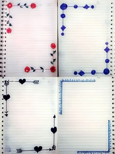 four notebooks with different designs on them and one is lined in red, white and blue