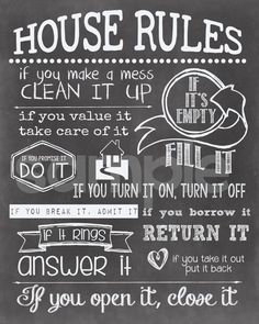 a chalkboard poster with the words house rules written in different font and colors on it