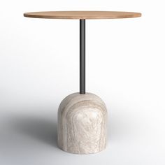 a table with a round wooden top and metal base on an isolated white background,