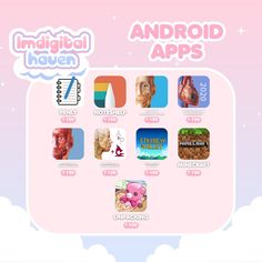 an image of some app icons on a pink and blue background with clouds in the sky