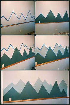 several pictures of mountains painted on the wall