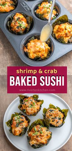 baked sushi cups made with shrimp and imitation crab. Topped with spicy mayo sauce. Sushi Bake Cups, Baked Sushi, Sushi Recipes Homemade, Sushi Bake, Sushi Roll Recipes, Homemade Sushi, Appetizer Ideas, Spicy Mayo, Sushi Roll