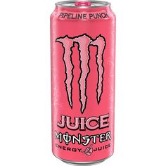 a can of juice that is pink and has the word juice monster written on it