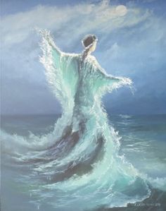 a painting of a woman standing in the ocean with her arms out to the side