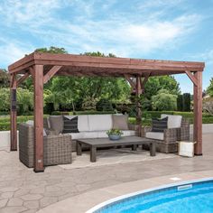 an outdoor patio with furniture and a pool