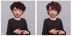 two images of a young boy with short hair and black shirt, one has his hands on his chest