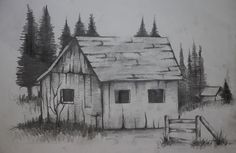 a drawing of a house in the woods