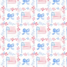 an american flag with flowers and bows on it