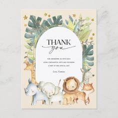 an animal themed thank card with the words, thank you and jungle animals on it