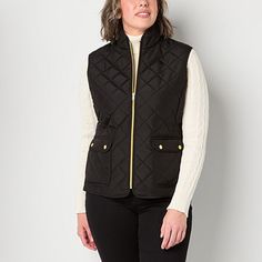 This St. John's Bay women's quilted vest is a chic layering essential for cooler days. This lined sleeveless heavyweight vest has a full zip closure and front flap pockets. Wear it over a fitted sweater or long-sleeve t-shirt with jeansClosure Type: ZipperPockets: 2 Front Flap PocketsWarmth Factor: LightweightApparel Length: 23 InchesOuterwear Length: ShortFiber Content: 100% PolyesterFabric Description: WovenFilling Content: 100% PolyesterLining: LinedLining Material: PolyesterCare: Machine Was Black Quilted Sleeveless Vest, Quilted Sleeveless Vest For Workwear, Quilted Sleeveless Workwear Vest, Quilted Vest For Workwear In Fall, Quilted Vest For Fall Workwear, Quilted Casual Vest For Work, Casual Quilted Vest For Work, Womens Quilted Vest, Quilted Vests