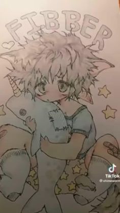 a drawing of a boy hugging a teddy bear with stars on it's chest