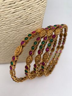 Red Green Stone Golden Bangles Golden Bangles, Traditional Bangles, Beautiful Chokers, Fancy Jewellery Designs, Black Bead Necklace, Pendent Necklace, Fancy Jewellery, Social Events, Green Stone