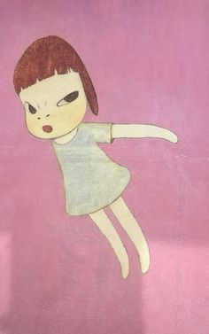 a drawing of a girl with red hair is shown on a pink background and has her arms stretched out to the side