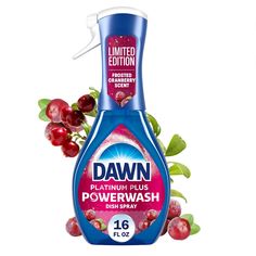 dawn dishwash liquid with berries and leaves on the side, in front of a white background