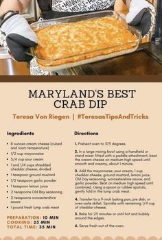 an advertisement for maryland's best crab dip, with instructions on how to make it