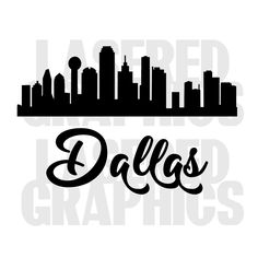 a black and white skyline with the word dals in it's center, surrounded by tall buildings