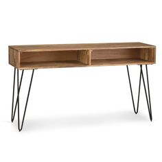 a wooden table with black hairpin legs and a shelf on one side that has two open compartments