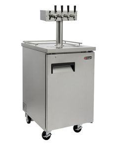 a stainless steel commercial deep fryer on wheels with the door open and handle extended