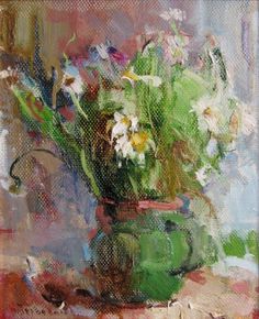 a painting of flowers in a green vase