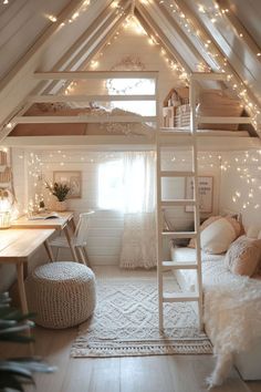 a loft bed with lights on the ceiling, and a ladder to the upper floor