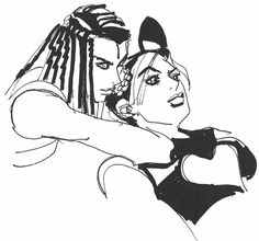 a black and white drawing of two people, one holding the other's head