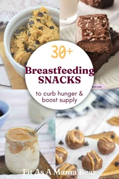 Four images like cookie dough balls, protein bars, and overnight oats with text on the image about breastfeeding snacks. Postpartum Protein Snacks, High Protein Snacks Breastfeeding, Post Partum Snacks To Make, Healthy Snacks For Breastfeeding Moms, Postpartum Snacks For Breastfeeding, Breastfeeding Foods Milk Supply, Breastfeeding Snacks Milk Supply, Easy Breastfeeding Snacks, Postpartum Snacks