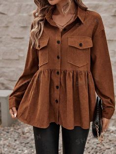 Color:Brown \nHem Shaped:Flared \nStyle:Casual \nSleeve Type:Drop Shoulder \nDetails:Ruffle Hem \nDetails:Button \nDetails:Pocket \nNeckline:Collar \nType:Shirt \nPattern Type:Plain \nSleeve Length:Long Sleeve \nLength:Long \nFit Type:Loose \nFabric:Non-Stretch \nMaterial:Woven Fabric \nComposition:97% Polyester \nComposition:3% Elastane \nCare Instructions:Machine wash or professional dry clean \nSheer:No \n Drop Shoulder Shirt, Fall Blouse, Plain Shirt, Long Sleeve Tops Casual, Oversized Blouse, Maternity Clothing, Cardigan Top, Long Sleeve Shirt Dress, Long Sleeves Jacket