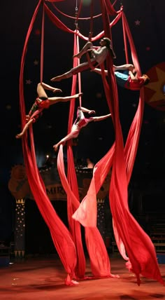 three women performing aerial acrobatic tricks on a circus ring at the circus