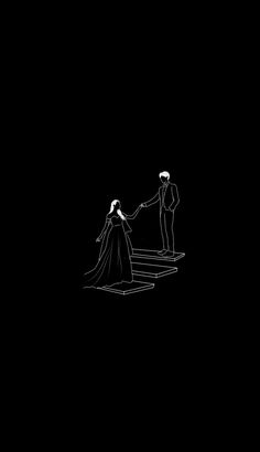 a drawing of a man and woman walking up some stairs in the dark, holding hands